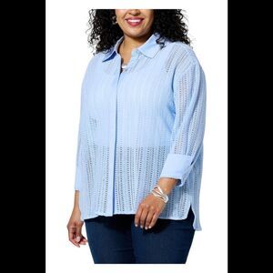 WynneCollection Woven Crochet Button-Down Shirt Blue - Regular